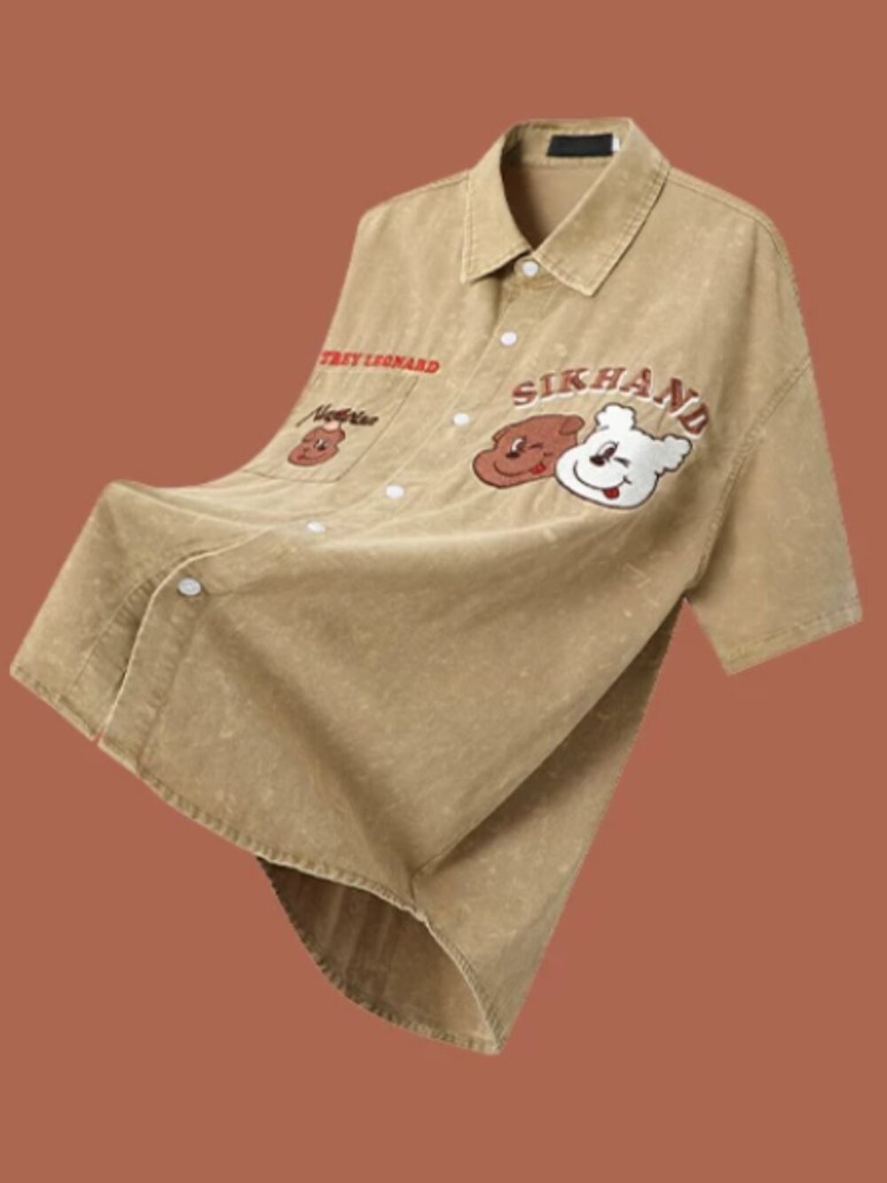 Khaki Washed Bear Print Shirt